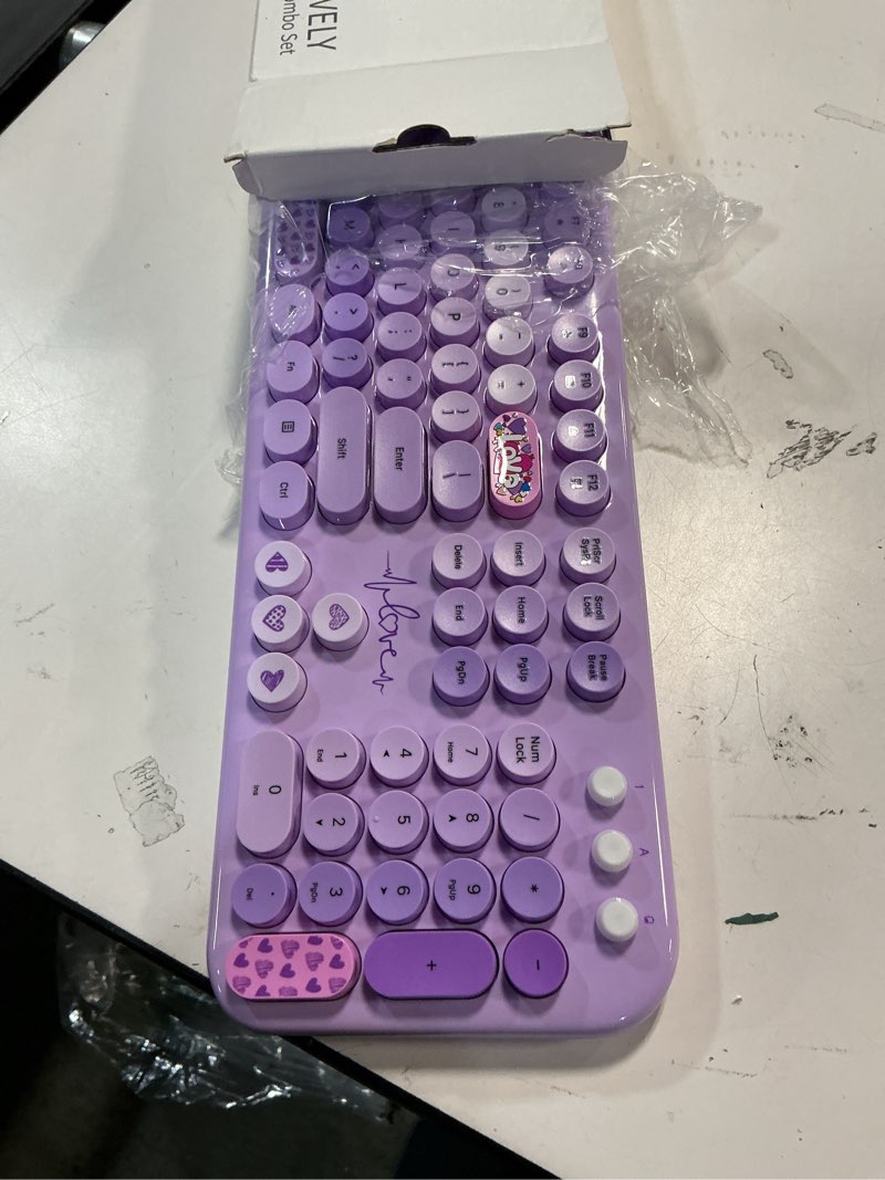 Condition photo showing Good Condition for MOFII Wireless Keyboard and Mouse Combo, Cute Retro Typewriter Keyboard and Silent Mouse, 2.4GHz Full Size Computer Keyboard Wireless Mouse Set for PC, Laptop, Desktop, Windows (Purple Colorful) Pale Purple