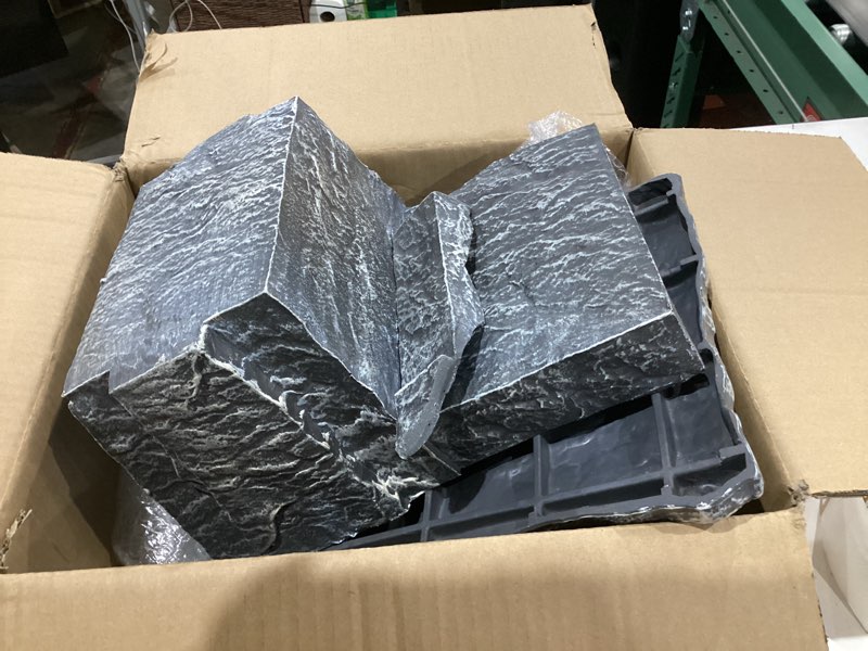 Condition photo showing As Is for pond waterfall spillway with cover, 8 inch wide weir, fake rock waterfalls spillway kit for outdoor pond garden water features, includes waterfall box, rock lid, barb adaptor, hose clamp