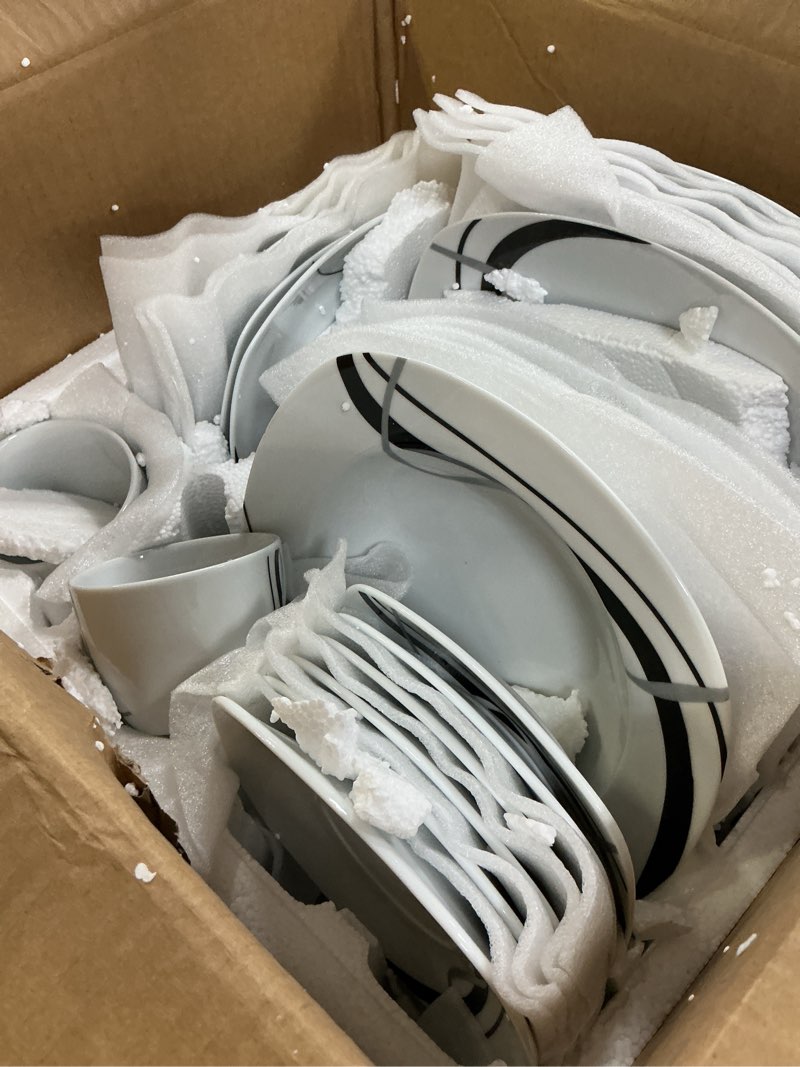 Condition photo showing New/Like New for VEWEET, Series Fiona, 30-Piece Dinnerware Sets for 6, White Dishes Set with Black and Gray Stripes, Porcelain Dinner Set Including Dessert Plates, Soup Plates, Dinner Plates, Cups & Saucers Fiona 30-piece