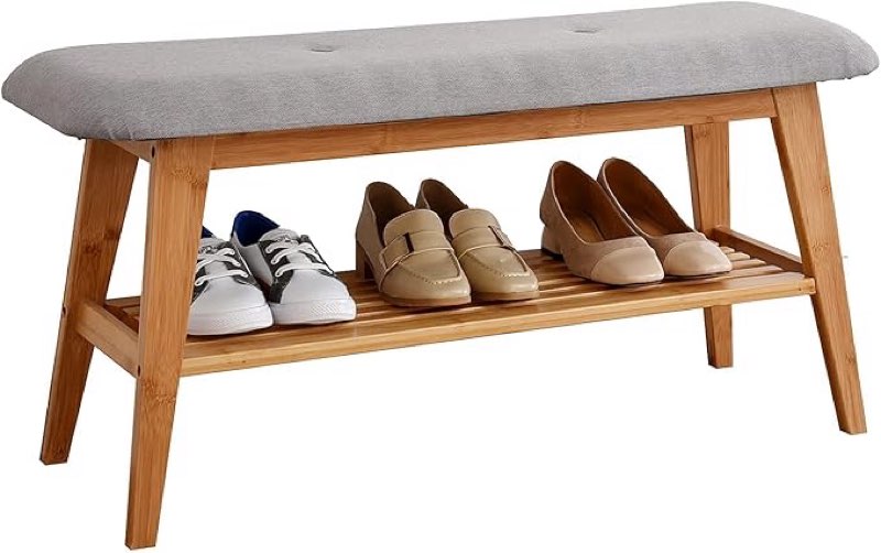 Shoe Entryway Bench, Bamboo Shoe Rack Bench, Organizer with 2 Tier Storage Simple Style Good Load Bearing, Ideal for Entryway Hallway Living Room,(Brown,35.4'')