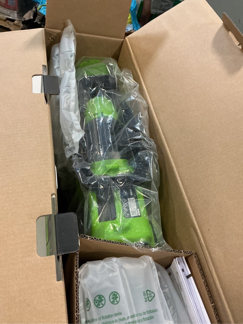 Condition photo showing As Is for greenworks pro 60-volt max lithium ion 750-cfm 170-mph brushless cordless electric leaf blower; battery and charger not included, black