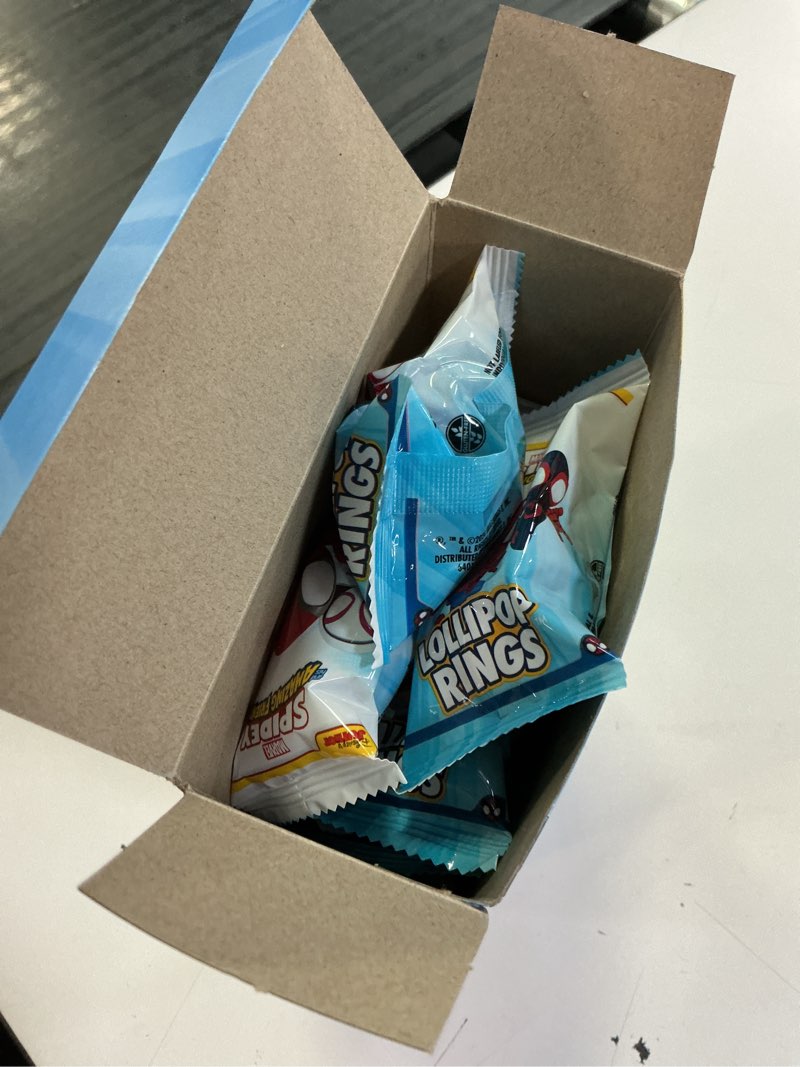 Condition photo showing Good Condition for spidey and his amazing friends birthday party favor, individually wrapped lollipop rings, ghost-spider, and miles morales decorated suckers, box of 18