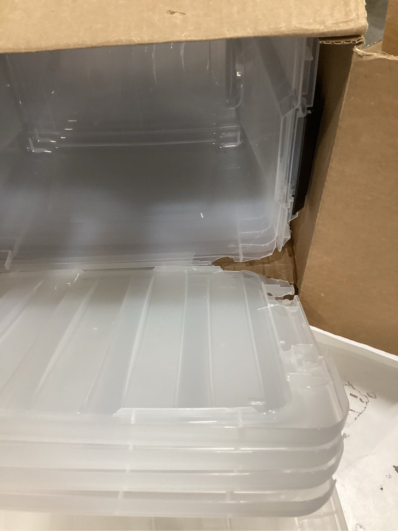 Condition photo showing As Is for IRIS USA 32 QT Plastic Storage Box with Lid and Latches - 6 Pack - BPA-Free, See-Through Organizing Solution, Durable Nestable Stackable Containers, Secure Pull Handle - Clear Clear 32 Qt 6 Pack