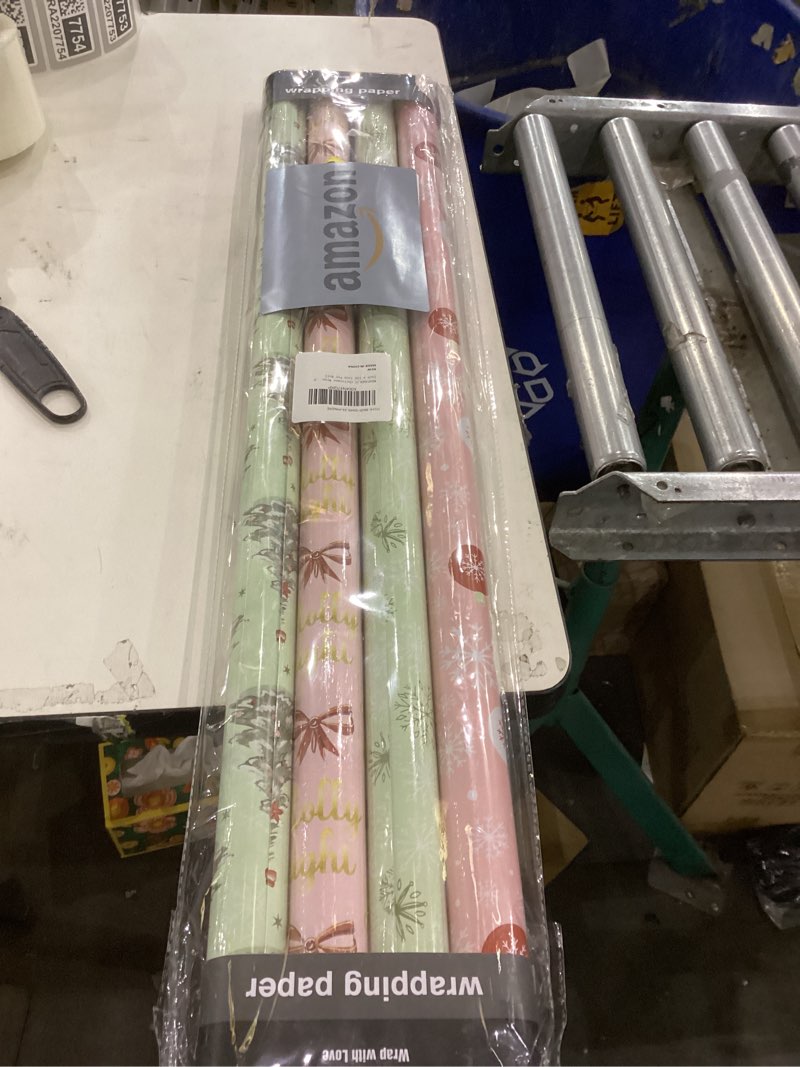 Condition photo showing New/Like New for WRAPAHOLIC 30 Inch Christmas Wrapping Paper Roll - Jumbo Roll Light Green and Pink Christmas Tree, Snowflakes and Holly Red Bow Wrapping Paper - 4 Rolls - 30 Inch x 120 Inch Per Roll Pink & Green