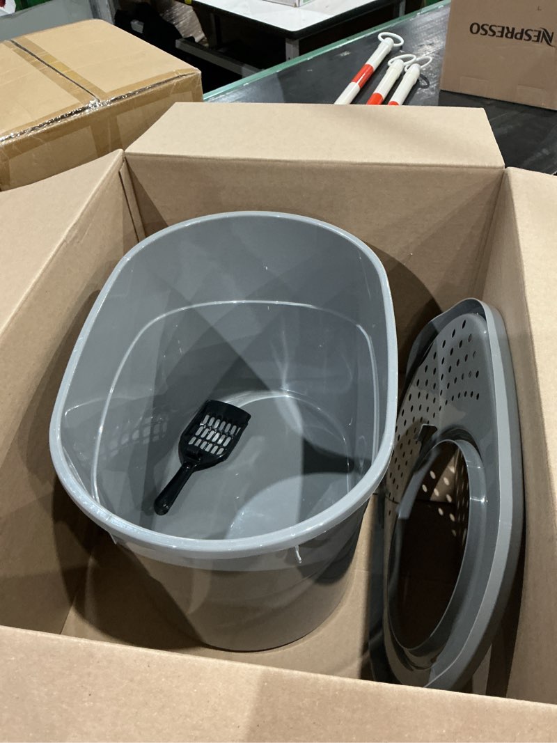 Condition photo showing Good Condition for amazon basics large cat litter box with high sides, top entry, includes scoop, 20.5 x 14.75 x 14.38 inches, grey
