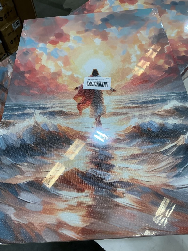 Condition photo showing New/Like New for jesus walking on water canvas wall art christian god wall decor sacred god walking on ocean beach painting pictures religious posters prints for living room bedroom church home decorations framed jesus canvas 24"lx16"w