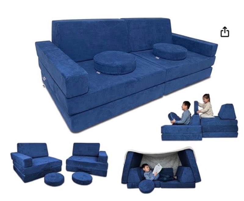 Mod Blox 10 Piece Soft Modular Kids Play Couch for Boys and Girls?Child Sectional Fort Building Sofa for Toddlers Playroom with Microsuede Covers and High Density Convertible Foam Cushions (Navy Blue) (Similar to the stock photo)