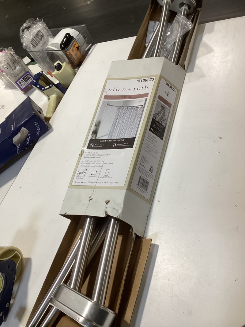 Condition photo showing As Is for allen + roth 44-in to 72-in brushed nickel fixed or tension double curve adjustable shower curtain rod