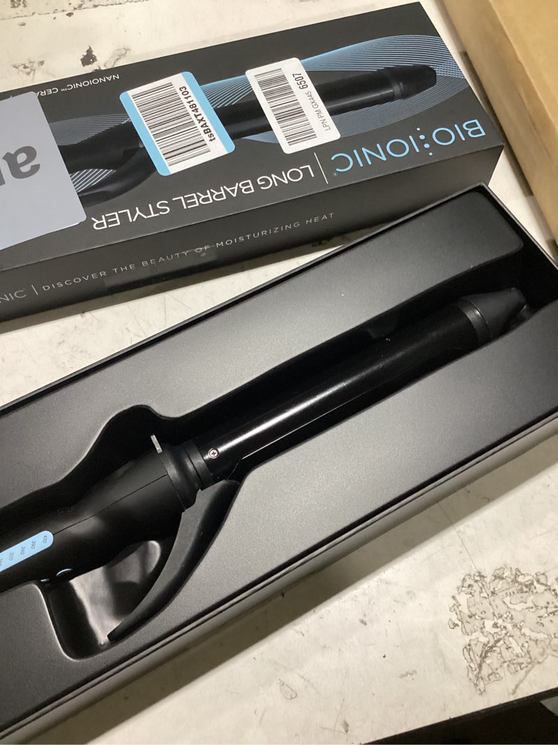 Condition photo showing As Is for bio ionic long barrel curling iron with moisture heat technology & nanoionic mx versatile curling wand - multiple barrel sizes for tight, classic, loose & soft curls 1.25 inch (loose curls) black