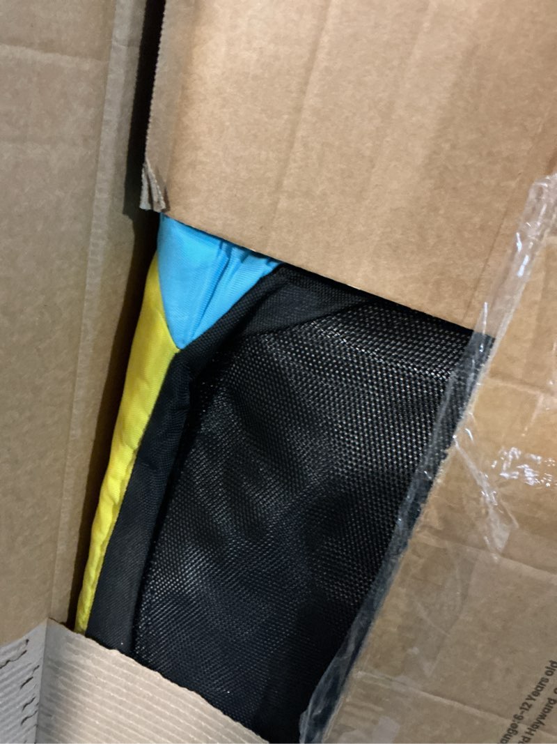 Condition photo showing Good Condition for 60" trampoline for kids, twinkoo 5ft fortified toddler trampolines with anti-rollover bottom, indoor/outdoor toddler trampoline with safety enclosure, adjustable gymnastics bars, basketball hoop green+blue+yellow