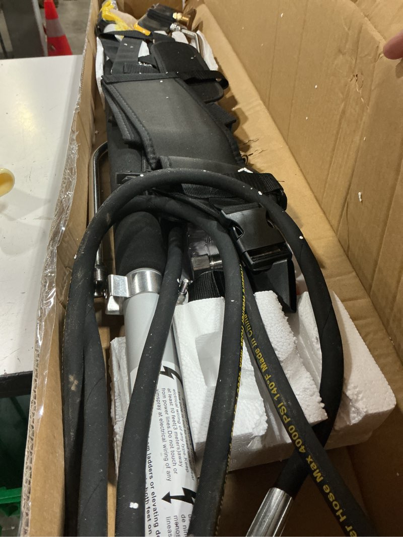 Condition photo showing As Is for janz aluminum 24 ft telescoping pressure washer wand with pressure washer extension wand,gutter cleaner attachment, 5 spray nozzle tips, 2 hose inlet adapters and support harness