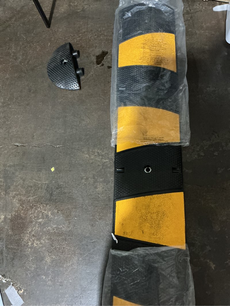 Condition photo showing As Is for 1pc heavy duty rubber speed bump 6ft long, extra wide anti-slip surface for parking lot, garage, driveway & warehouse traffic control