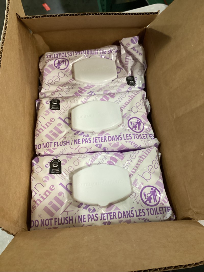 Condition photo showing As Is for amazon elements baby wipes, unscented, hypoallergenic, alcohol-free, with aloe and vitamin e, 810 count, flip-top packs
