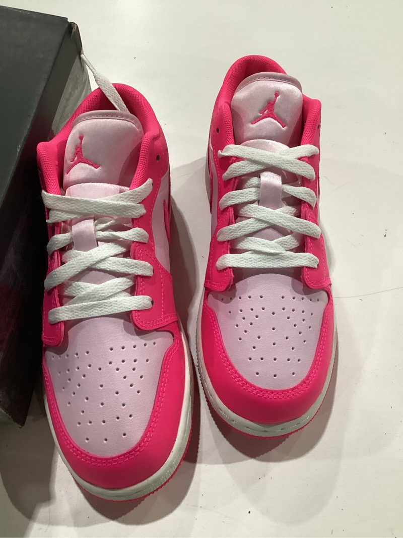 Condition photo showing Good Condition for Air Jordan 1 Low Big Kids' Shoes (553560-661, Pink Foam/Summit White/Hyper Pink) size 5.5y