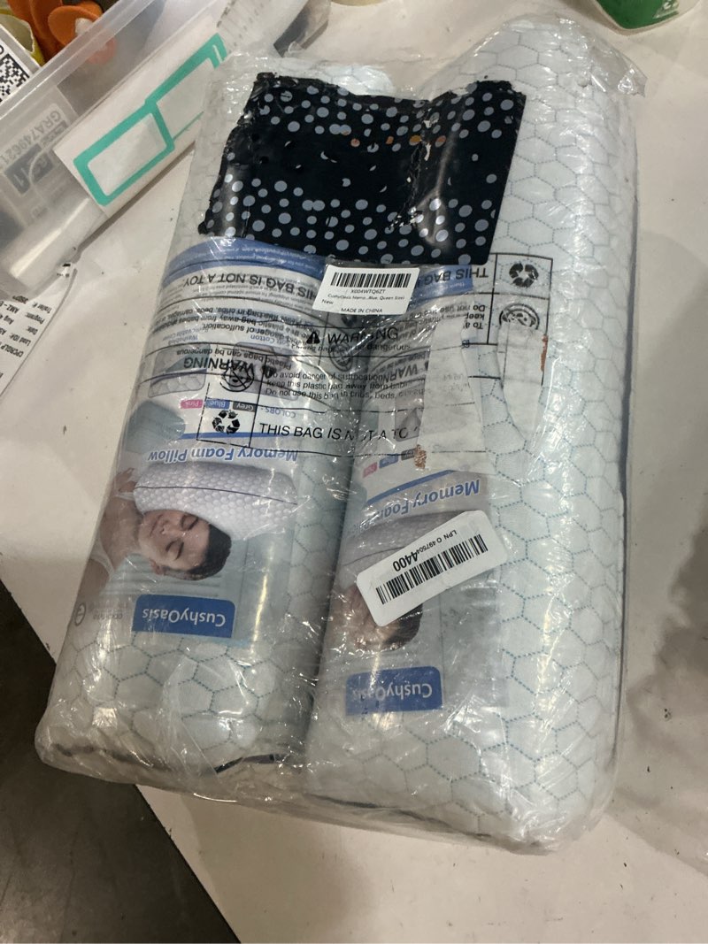 Condition photo showing New/Like New for memory foam pillows for side, set of 2, back and stomach sleepers, bed pillow with breathable mesh and washable cover, bed pillow for sleeping (blue, queen size) blue queen