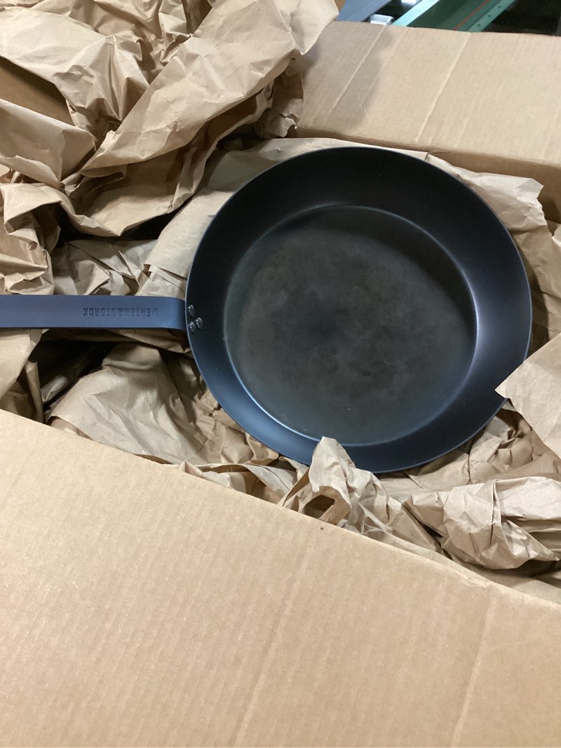Condition photo showing As Is for Merten & Storck Pre-Seasoned Carbon Steel 12” Frying Pan Skillet, Use on Induction, Stove and Grill, Durable, Even-Heating, for Searing, Grilling, Oven Use, and Campfire, Indoor/Outdoor 12" Frying Pan Skillet Black