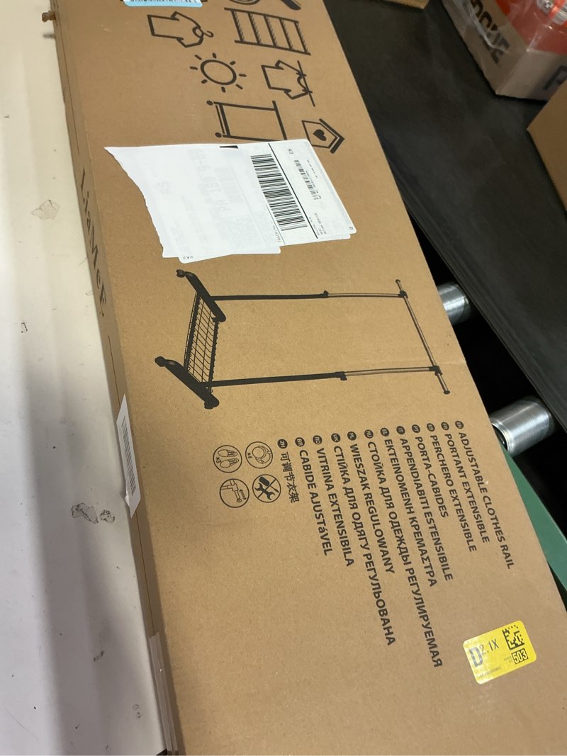 Condition photo showing New/Like New for LiaMeE Adjustable Clothing Rack for Hanging Clothes, Heavy Duty Garment Rack with Wheels?Free Standing Rolling Clothes Rack with Shelf & Grid, Easy Assembly Standard Rod, Black & Chrome