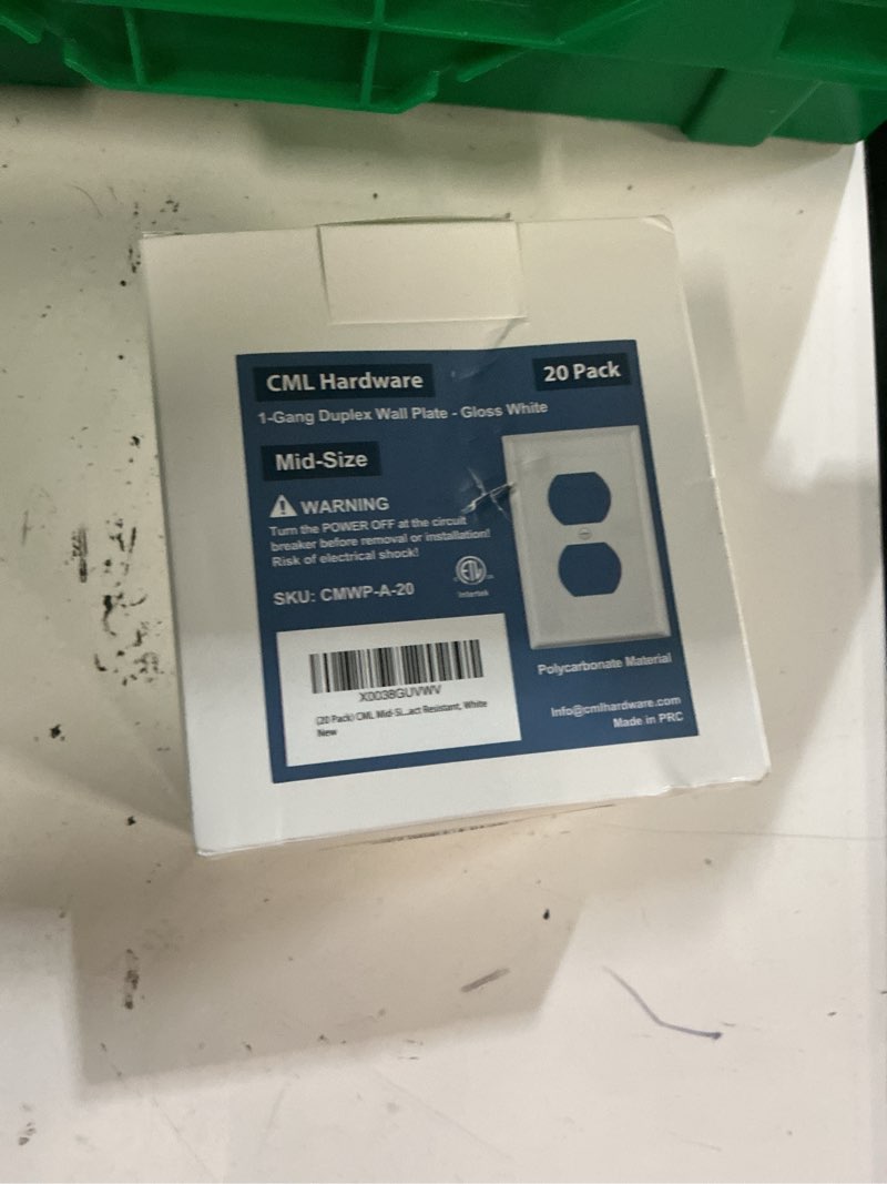 Condition photo showing New/Like New for cml mid-size duplex wall plates, 20 pack electrical outlet receptacle covers, 1-gang switch plates, midway size 3.18” x 5”, impact resistant, gloss finish, white 20 mid-size duplex