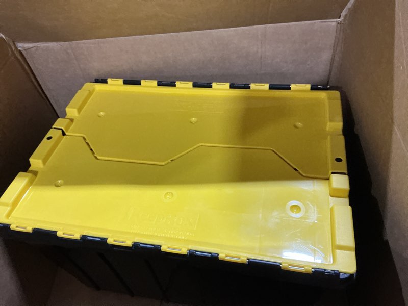 Condition photo showing Good Condition for Akro-Mils KeepBox 12 Gallon Storage Container, Nesting and Stackable Plastic Storage Box with Lid Attached, Organizer Tote for Garages, Closets, and Moving, 21-1/2" x 15" x 12-1/2", Black/Yellow Black/Yellow 12 Gallons 1-Pack