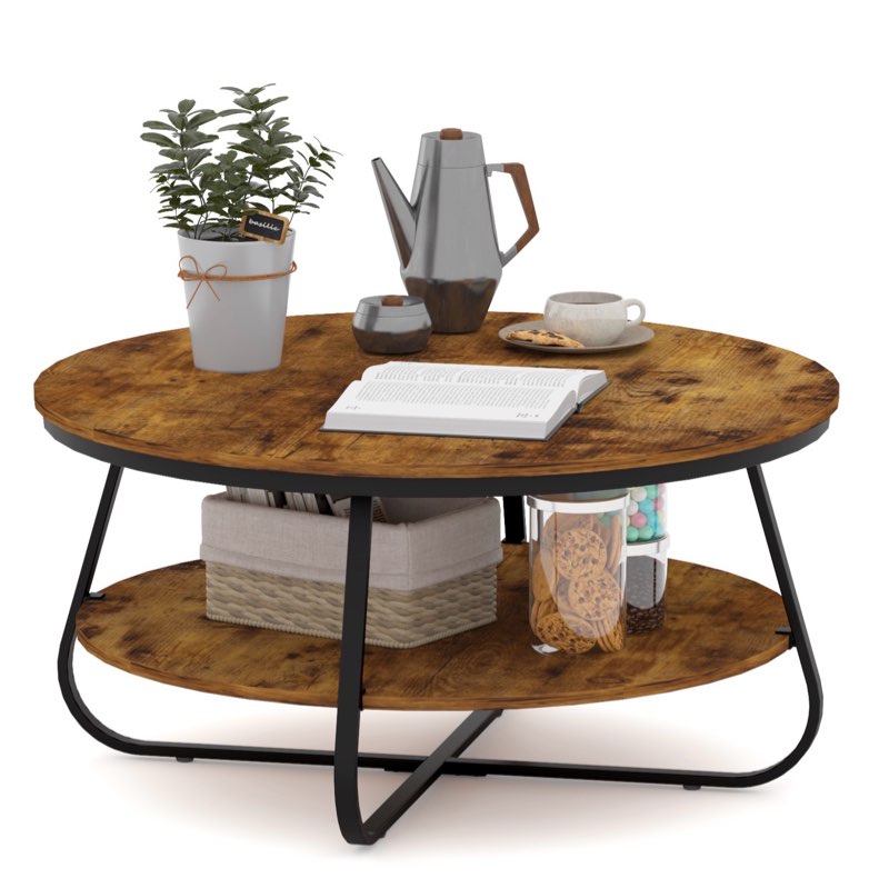 Natural Wooden Round Coffee Table with Open Storage, 38.5inch Rustic Accent Table for Living Room