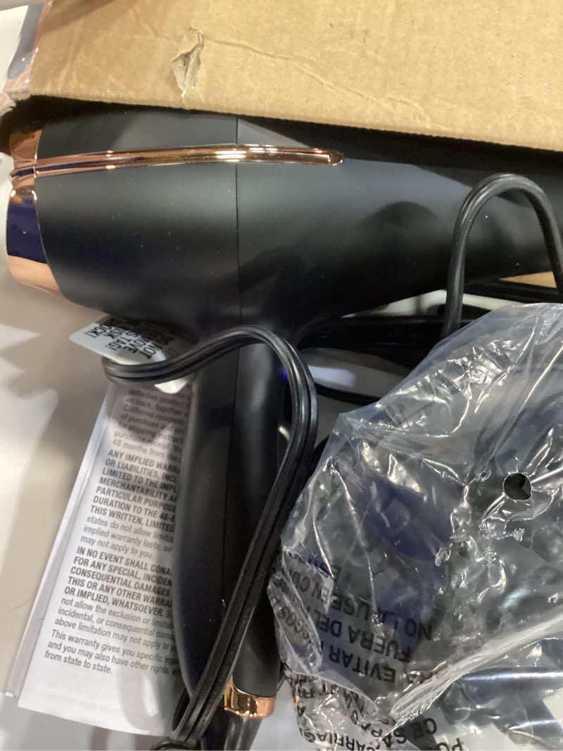 Condition photo showing As Is for infiniti pro by conair hair dryer, 1875w blow dryer with diffuser and concentrator, ceramic technology, 3 heat & 2 speed settings, cold shot button, black black with bonus diffuser & concentrator