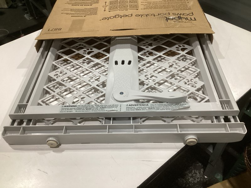 Condition photo showing Good Condition for mypet north states paws portable pet gate: 26-40" wide. pressure mount. no tools needed. made in usa. dog gate 23" tall, expandable, durable dog gates for doorways, light gray