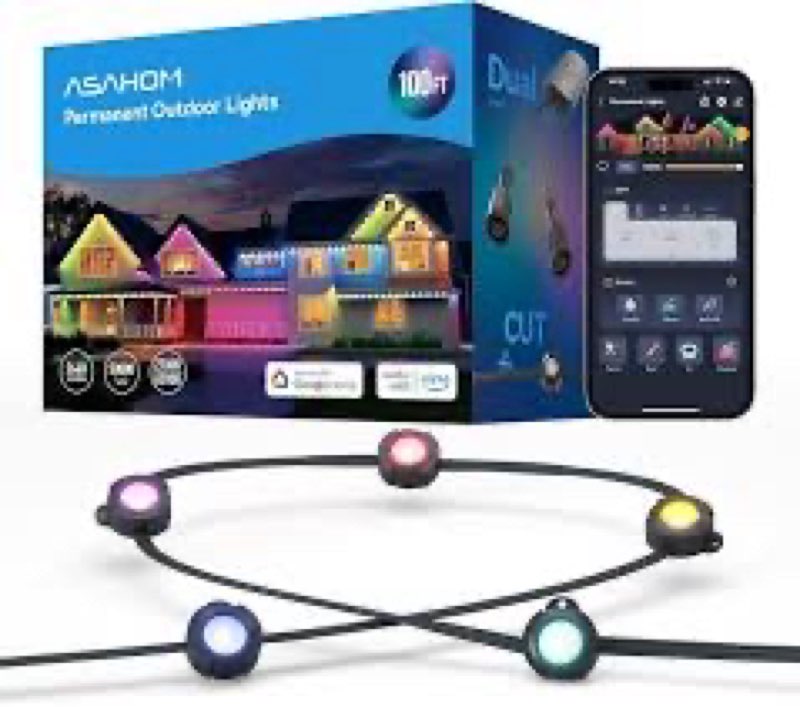 ASAHOM AI Permanent Outdoor Lights S107B, 100FT with 72 RGBCW LED Lights, 30,000 Lighting Effect, Co