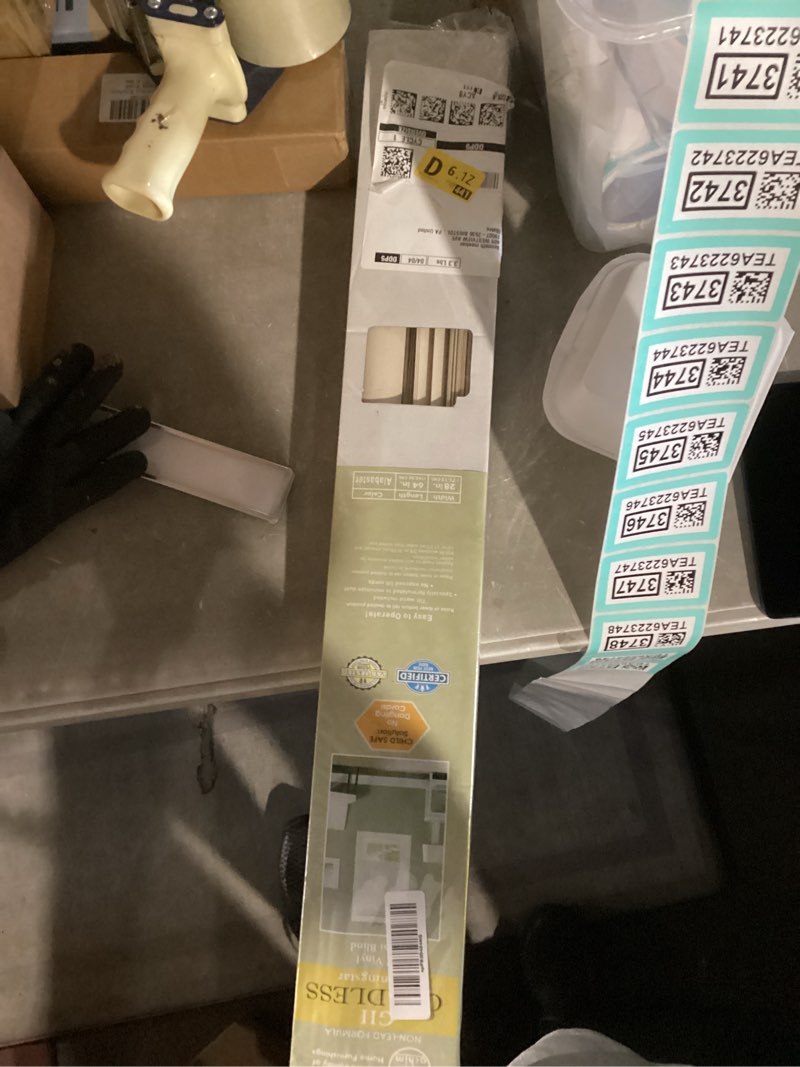 Condition photo showing Good Condition for achim gii morningstar indoor cordless alabaster vinyl light filtering window mini blind  64  l x 28  w