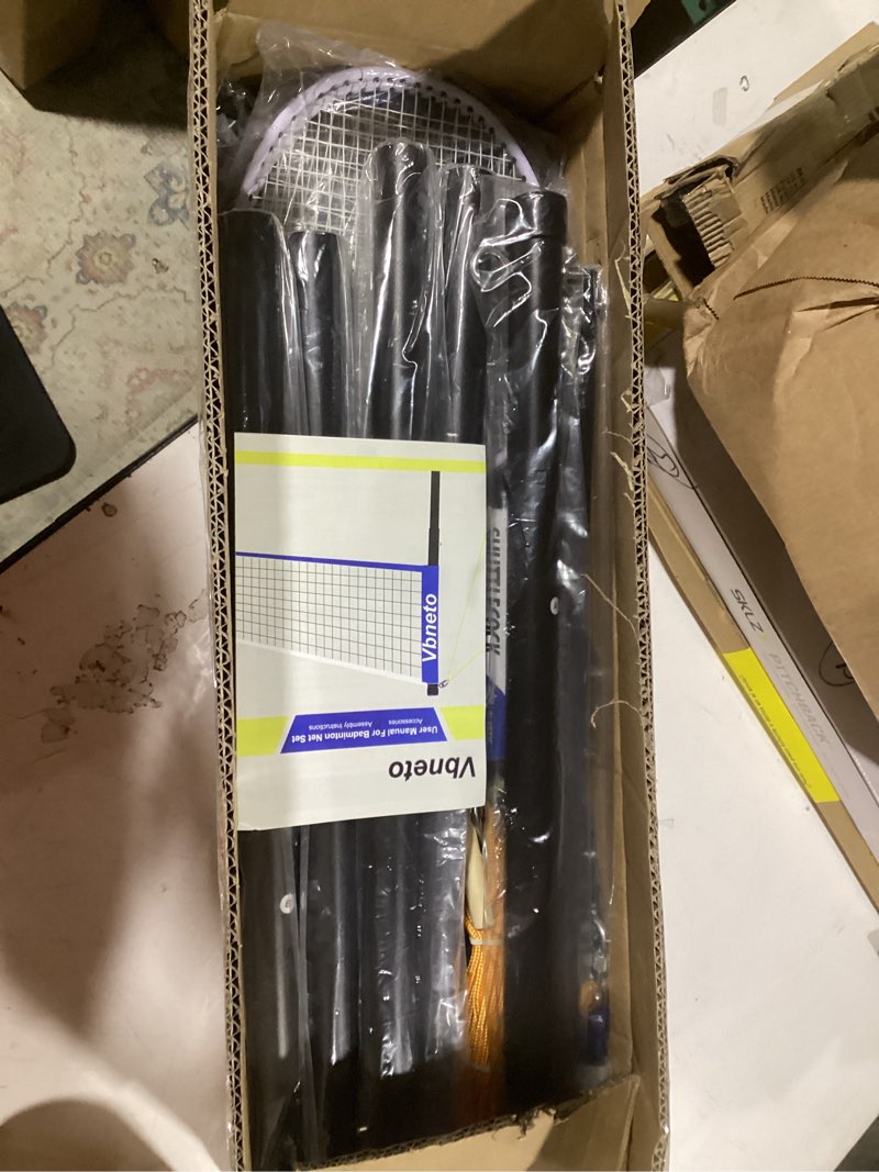 Condition photo showing Good Condition for badminton set, portable outdoor anti-sag system – official 20ft x 5ft easy setup durable net with 4 rackets, 3 shuttlecocks & carry bag for backyard, lawn or beach fun blue and yellow