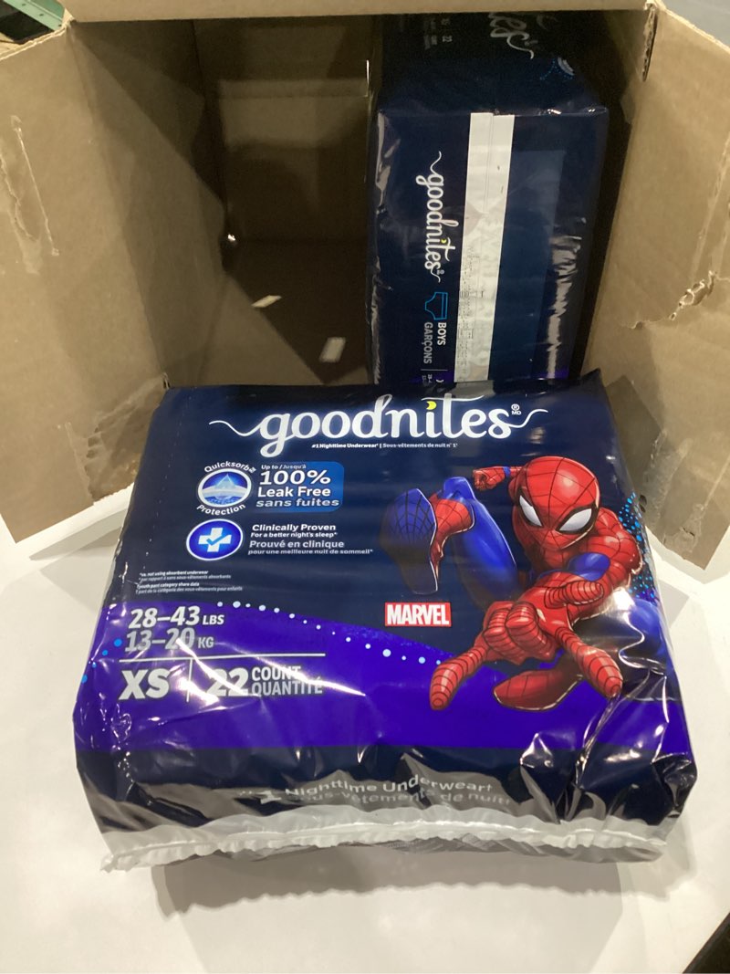 Condition photo showing New/Like New for Goodnites Boys' Nighttime Bedwetting Underwear, Size Extra Small (28-43 lbs), 44 Ct (2 Packs of 22), Packaging May Vary X-Small 44
