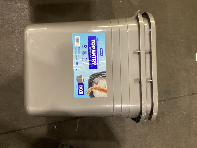 Condition photo showing As Is for *qty 2* petmate enclosed cat litter boxes with hinged lid and wide top entry opening, cat litter box enclosure with filter lid, made in usa, scoop not included