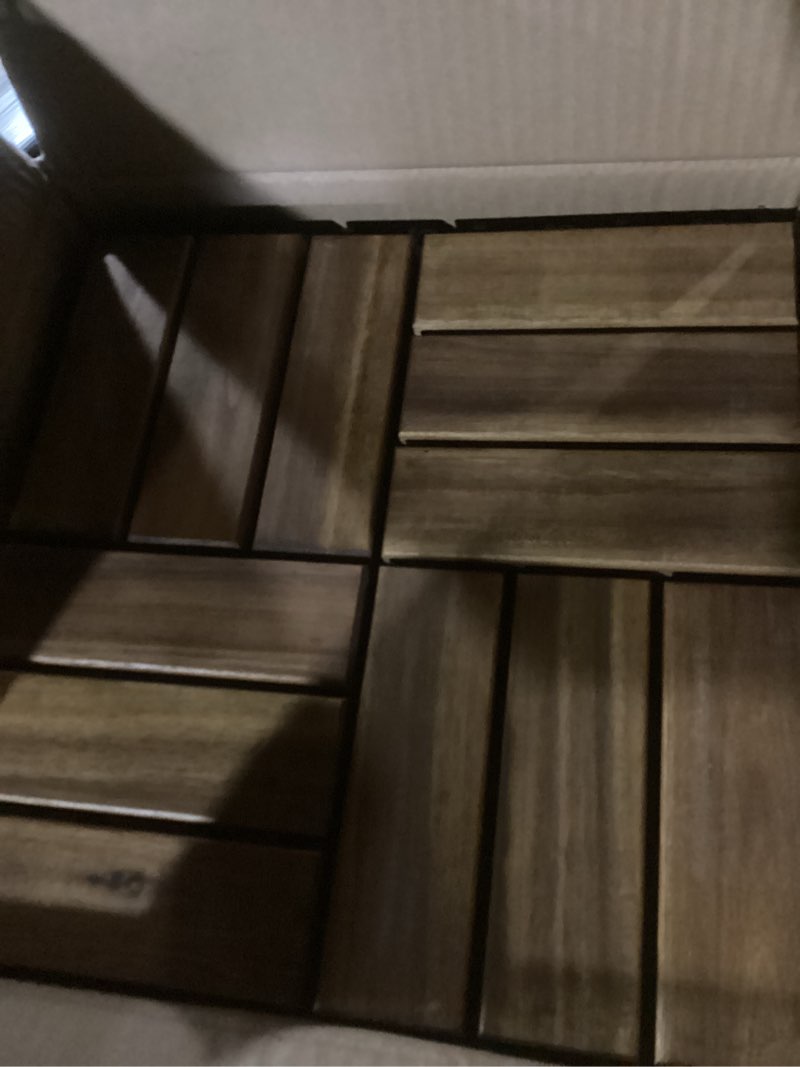 Condition photo showing New/Like New for idzo interlocking deck tiles 9.6 sqft - 10pcs waterproof acacia wood patio, flooring panels for indoor and outdoor - decking checker pattern, 11.81 x 11.81 x 0.91 inches, golden golden teak checkered pattern
