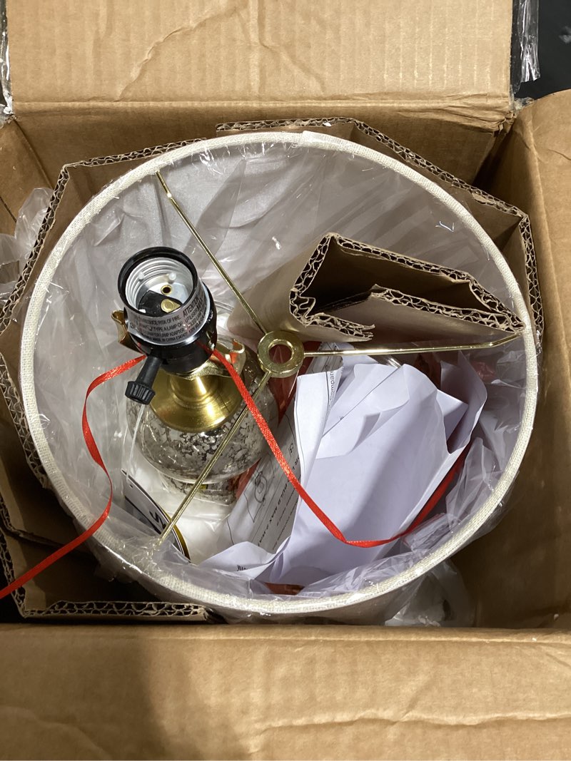 Condition photo showing Good Condition for jonathan y 21" mercury glass/brass gold glass table lamp for bedroom and living room, white linen shade, modern stacked sphere bedside lamp, led bulb included (jyl1021c)