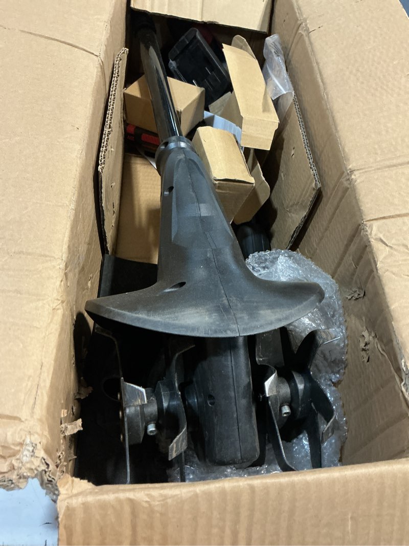 Condition photo showing As Is for mzk 20v cordless tiller cultivator with steel tines,8-inch wide battery powered garden cultivator, 360rpm electric tiller for lawn/gardening/soil cultivation(2 * 2ah battery&charger included),tc08d01 2 batteries