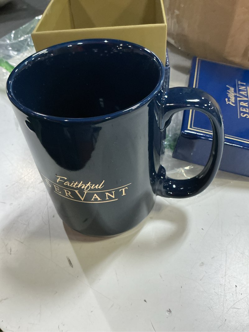 Condition photo showing Good Condition for christian art gifts navy blue ceramic coffee mug – 14 oz. lead & cadmium-free large inspirational scripture coffee and tea mug for men & pastors with bible verse: faithful servant – 2 chronicles 15:7 navy/faithful servant