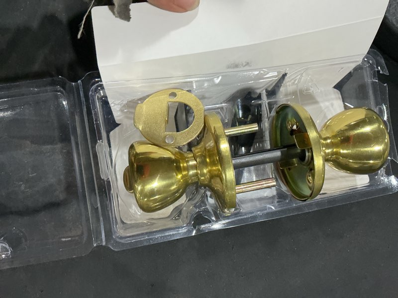 Condition photo showing As Is for kwikset mobile home tylo polished brass interior bed/bath no deadbolt privacy door knob with antimicrobial technology