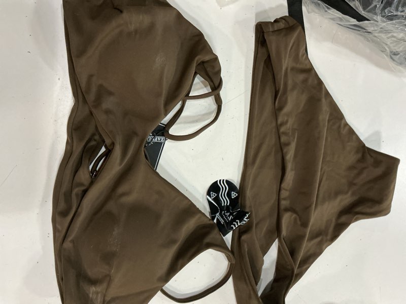 Condition photo showing As Is for zaful women's solid spaghetti strap bralette bikini set two piece swimsuit large 1-deep coffee