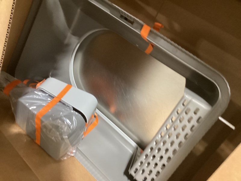Condition photo showing As Is for 2 Pack Stainless Steel Cat Litter Box with Lid, XL Extra Large Metal Box for Big Cats, 24" L x 16" W x 12" H, Enclosed Litter Box High Sided, Non-Sticky, Include Litter Scoop Dark Gray & Light Gray
