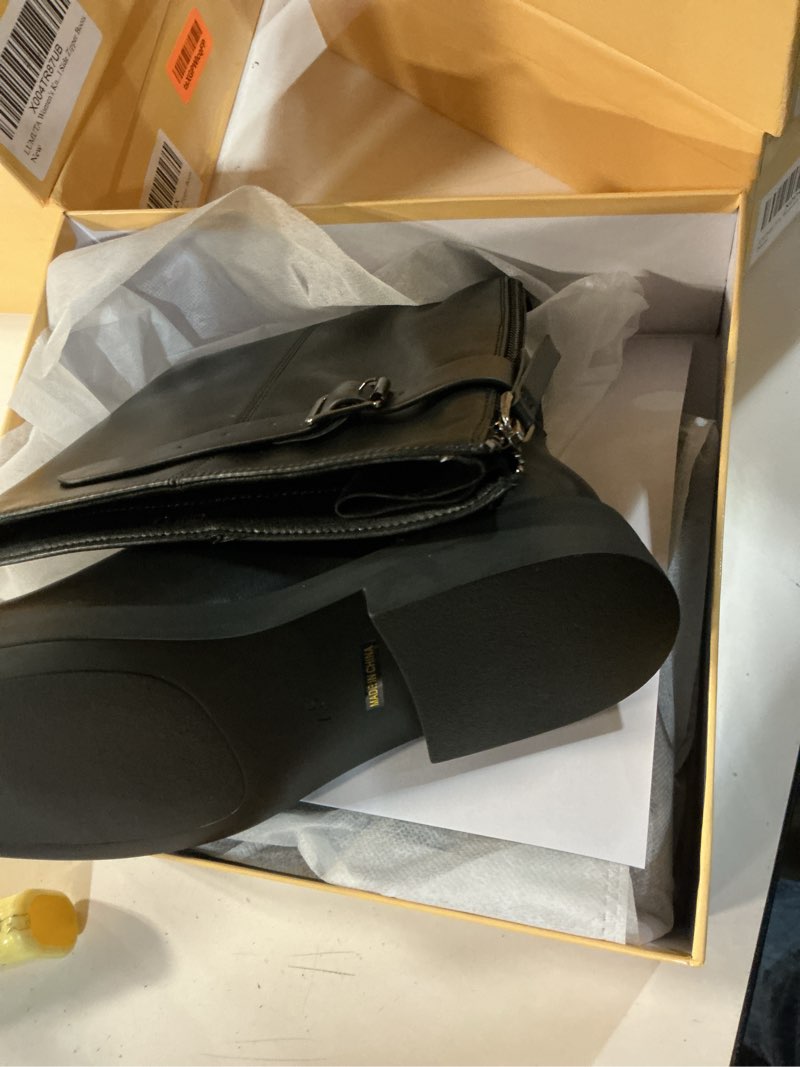 Condition photo showing New/Like New for (size 7.5)women's knee high boots chunky heel square toe tall boots for women low heel back zipper boots 6 black
