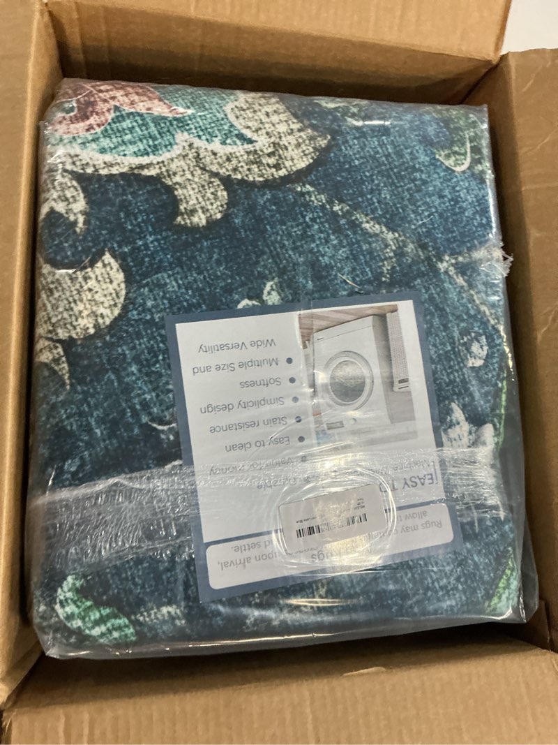 Condition photo showing New/Like New for releany washable area rug, round 8ft, teal | non-slip, water repellent, pet friendly, easy to clean, vintage floral boho decor for living room bedroom dining room teal 8' (round)
