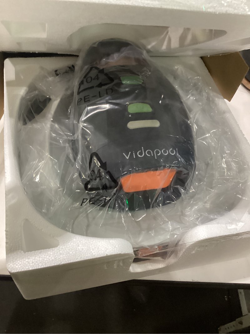 Condition photo showing As Is for automatic pool vacuum cleaner, robotic cordless design for flat above ground pools, 90-min runtime with self-parking feature for flat swimming pool