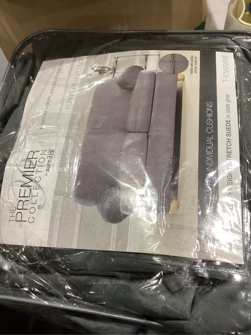 Condition photo showing Good Condition for Sure Fit Ultimate Heavyweight Stretch Suede Individual 2 Piece T-Cushion Loveseat Slipcover - Slate Gray Slate Gray 3 PC T-Loveseat