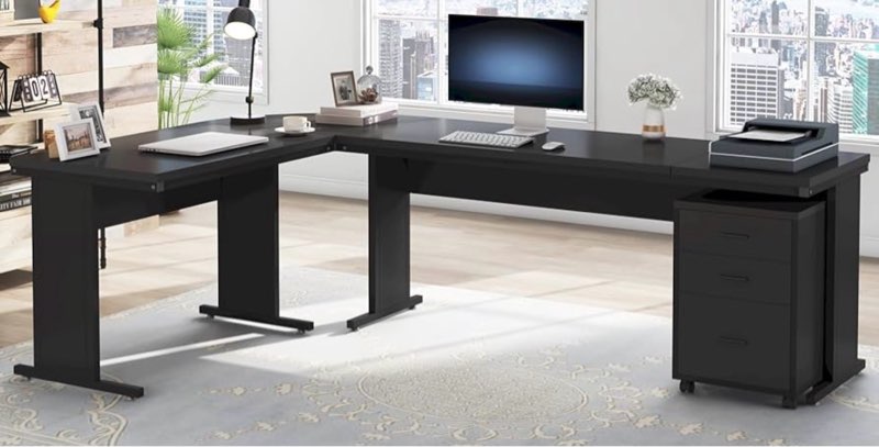 tribesigns l-shaped executive desk, large office desk with 3-drawer file cabinet, industrial corner computer table with drawers, business workstation for home office (black, 83")