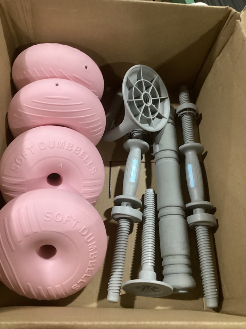 Condition photo showing Good Condition for adjustable dumbbell set 13lb/18lb/22lb/35lb, 4-in-1 soft shell weight set with connector, converts to barbell & kettlebell, strength training equipment for home gym, ideal for women & beginners pink
