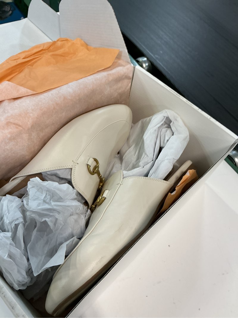 Condition photo showing As Is for italian leather horsebit loafer mule, 9, bone