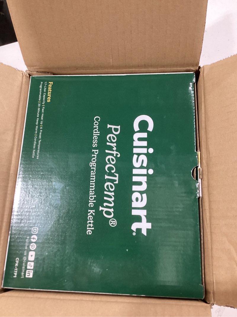 Condition photo showing As Is for Cuisinart PerfecTemp 1.7-Liter Electric Kettle, Cordless Electric Tea Kettle, 1500W for Fast Heat-Up, 6 Preset Temperatures, 30-Minute Keep Warm, Stay Cool Nonslip Handle, CPK-17P1 Stainless Steel PerfecTemp