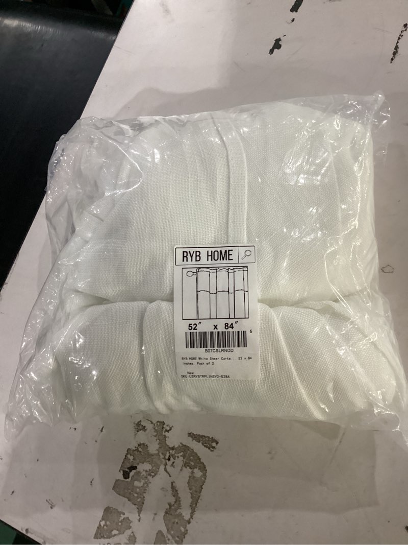 Condition photo showing New/Like New for ryb home white sheer curtains linen texture window panels, semi sheer light filetring rod pocket & back tab drapes for bedroom, 52 x 84 inches, pack of 2 52"w x 84"l (pack of 2) white