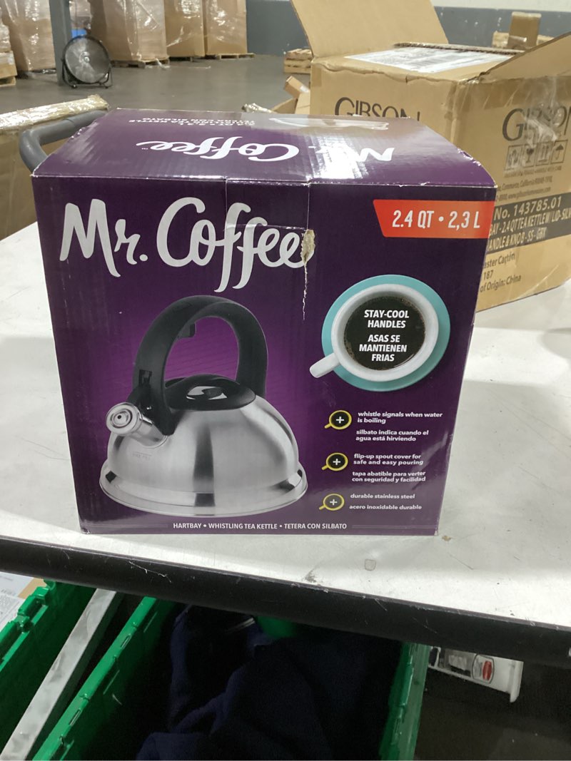 Condition photo showing New/Like New for Mr. Coffee Hartbay 2.4 Quart Whistling Tea Kettle, Large Stainless Steel Stovetop Kettle, Durable Fast-Boil Tea Pot 2.5 Quarts Brushed Satin (Hartbay)