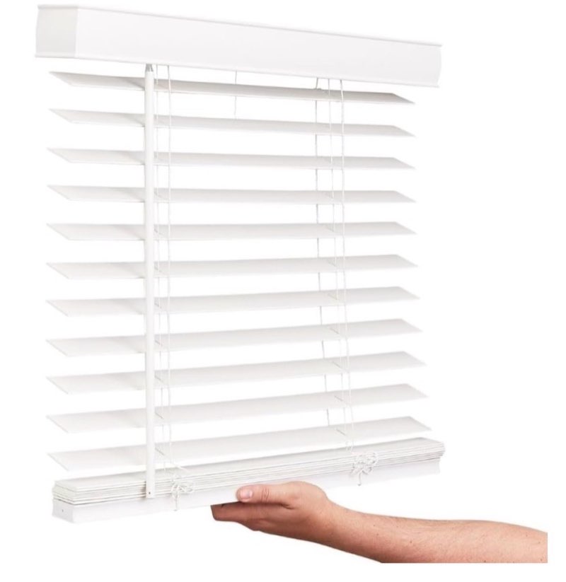allen + roth trim at home 2-in slat width 23-in x 64-in cordless white faux wood room darkening horizontal blinds