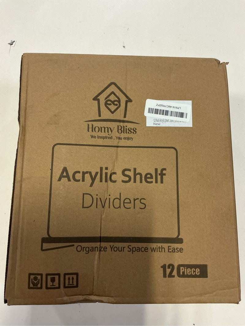 Condition photo showing New/Like New for 12 Pack Acrylic Shelf Dividers for Closet 11x7.9 Inch – Acrylic Dividers for Shelves Clear Closet Shelf Separators for Purses, Clothes Storage – Vertical Bookshelf Dividers for Bedroom & Kitchen Pack of 12